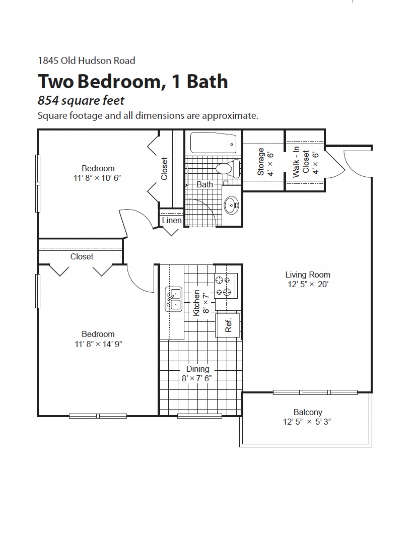 Floor plan for 2 beds, 1 bath, 812 sqft
